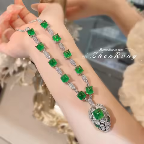 Luxury Designer Collection Style Silver Color Necklaces Setting Zircon Green Eyes Snake Head Pendant