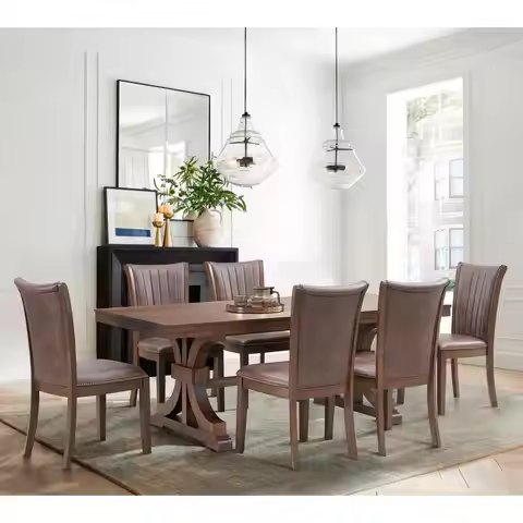 Mid-Century Modern 7-Piece Dining Table Set, Rectangular Oak Table with 6 Faux Leather Upholstered C