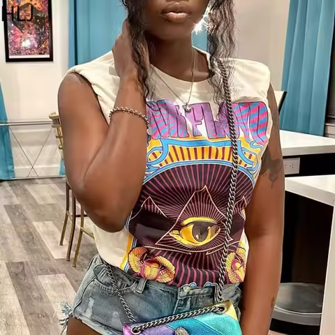 HLJ&GG Fashion Y2K Trend Streetwear Women Pattern Printing Round Neck Short Sleeve Slim Tshirts Summ