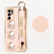 (With Wristband) For OPPO Reno6 4G 5G Reno6 Pro 5G Reno6 Z 5G Reno5 Pro 5G Reno5 F Reno5 Lite Phone Case Cute Cartoon HelloKitty Square Edge Luxury Plating Cover Soft TPU Casing