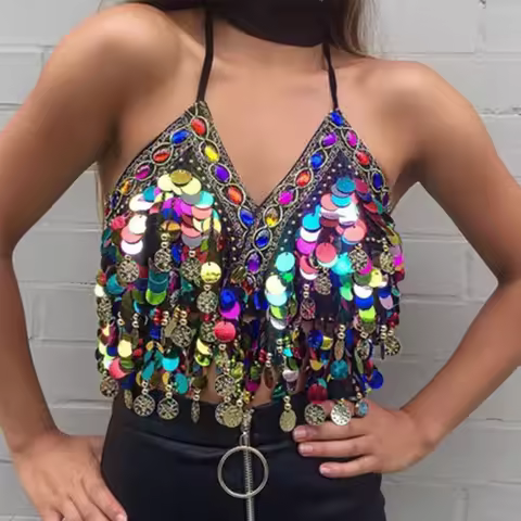 Sequin Halter Bra Top Belly Dance Boho Festival Top Clubbing Tribal Bra BH Top Bellydance Sequins Be