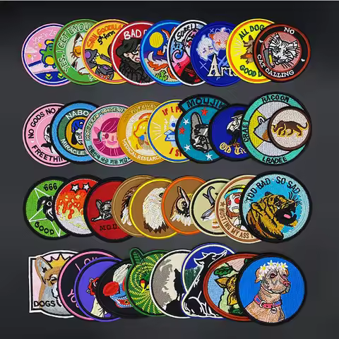 Round Cartoon Cat dog lovely Animal Embroidery Patches For Clothing DIY Iron On Patches On Clothes E