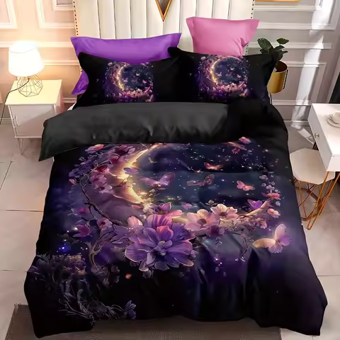 3pcs Duvet Cover Set, Aesthetic Purple Floral And Moon Print Duvet Cover With Pillowcases, No Fillin