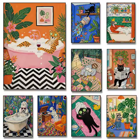 1pc frameless Canvas Painting Sloth Reading Black Cat Spa Fox Drinking Coffee Dog in Bathtub Poster 