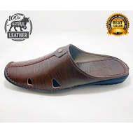 Sepatu Sandal Slip On atau Selop Pria Berbahan FULL 100% Kulit  Slop Tekstur Serat Kayu - Black Hita