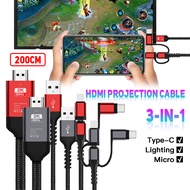 2M 3 in 1 HDMI Cable For phone Micro USB to HDMI Adapter USB C/Lightning/Micro USB MHL to HDMI Mirro