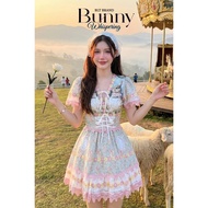 B809 BLT Mini Dress With Lace Trim Printed With Rabbit Pattern Suitable For Going Out Cafe Sweet