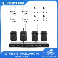 Phenyx Pro PTU-5200-4B Wireless Mic Set 4 Bodypacks Headset/Lapel 25 UHF Channels 200ft for Church
