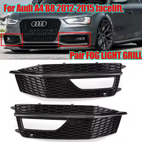 Pair Gloss Black Front Bumper Lower Fog Light Grill Grille For Audi A4 B8 S-Line S4 2012 2013 2014 2