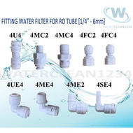 Water Filter Fitting Connector For RO Tube (6mm=1/4") 4U4/4MC2/4MC4/4FC2/4FC4/4UE4/4ME4/4ME2/4SE4