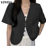 VONDA Women Korean Short Sleeves V Neck Solid Color Button Blazer