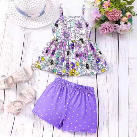 Girls Floral Print Cami Top + Polka Dots Shorts Two-piece Casual Set