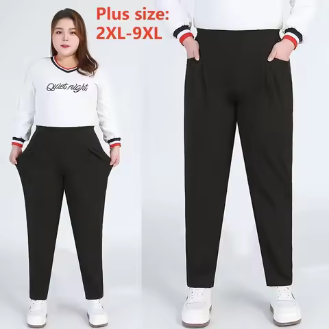 Black Plus Size Women Casual Pants 7XL 9XL Elastic Loose Ankle-Length 150KG Female Trousers High Wai