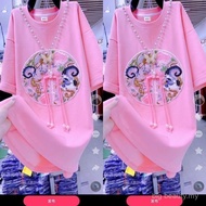 40-150kg特大码300斤中式国风刺绣宽松中长款短袖圆领T恤衫复古盘扣上衣女fat oversize pulsszie  T-shirts