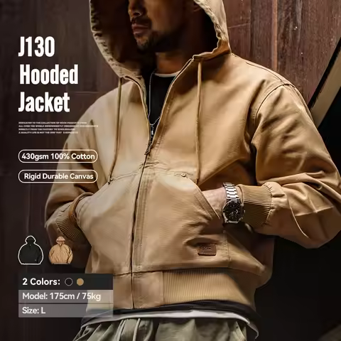 Maden Vintage J130 Heavyweight Hooded Jacket Canvas Classic Short Zip Front Solid Color Outerwear fo
