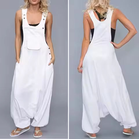 Women Summer Loose Thin Jumpsuits Harem Pants Wide Leg Pants Sleeveless Pockets Bib Jumpsuit Siamese