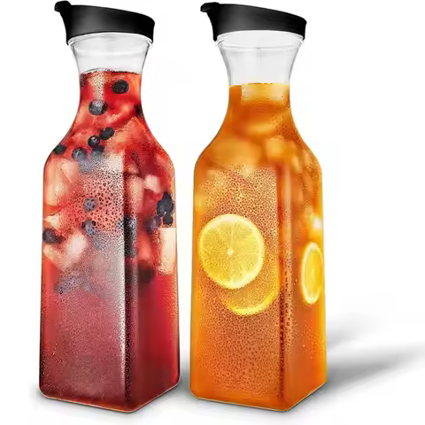 Simple 32OZ 1000ML Juice Carafe Square Plastic Drink Pitchers with Lid Large Juice Container for Fri