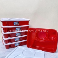 MERAH [6pcs] Red and White KOI Lunch Box K-1037 |4-Section Lunch Storage Box with Large White Lid, P