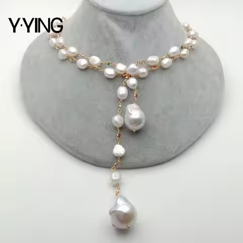 Y·YING 128cm Freshwater White Keshi Pearl white baroque pearl Mixed Color Cubic Zirconia Pave Chain 