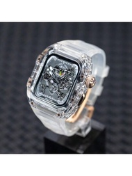 1只男式氟橡膠透明改裝錶帶+錶殼套裝，適用於44/45/49毫米適用於蘋果手錶殼蘋果手錶帶蘋果手錶帶Se/S9/8/7/6/5/4