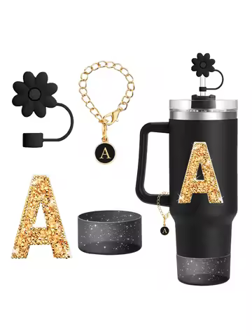4Pcs Set for Stanley Cup Accessories,Including Initial Silicone Straw Lid, Name ID Letter,Self-adhes
