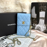 Chanel 手機包 藍色 菱格紋 羊皮 金球 金扣