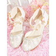White Soft Sole Female Student Catwalk Lace-Up Heel Princess Shoes