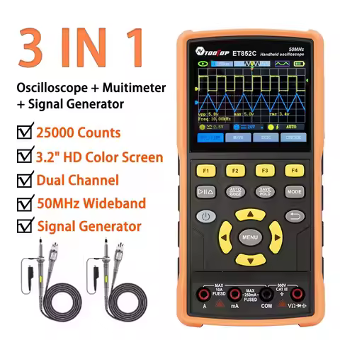 TOOLTOP 3IN1 2 Channel Digital Oscilloscope Multimeter Signal Generator 50MHz Portable Oscilloscope 