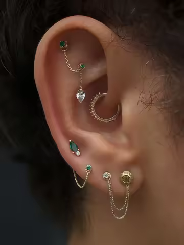 Vintage Gold Earring Stack Set for Women Green Cubic Zirconia Accent Chain Cuff Design Regal Jewelry