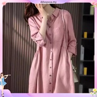 LAHSTORE straight linen dress with rolled-up sleeves and flared waist DS30 (Green)