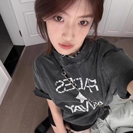 COD Original Special Offer (220g Combed Tight Sello) Washed Black Distressed Pure Cotton Short-Sleev