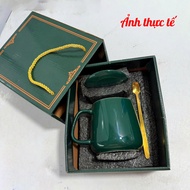 Ly sứ màu xanh 450ml cốc uống nước có nắp đậy phù hợp quà tặng decor ly sứ uống cafe ly sứ xanh có q