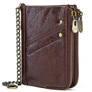 RFID Men Wallet Genuine Leather Double Zipper Pocket Bifold Coin Wallet with Anti-Theft Chain Card Holder