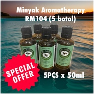 Minyak Aromatherapy 5 btl x 50ml-MELEGAKAN RESDUNG, BATUK,PENING,LOYA,KEMBONG PERUT-HQ