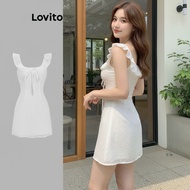 Lovito Women's Eyelet Embroidery Dress Tie Front Cute L122AD063