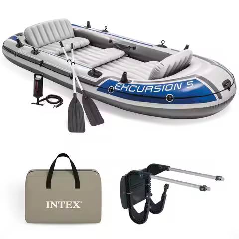 Excursion 5 Person Inflatable Outdoor Fishing Raft Boat Set with 2 Aluminum Oars and Air Pump with a