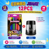 VCR Jumbo Colour Pencil Erasable + 2B Jumbo Pencil + Electric Sharpener Kids Writing Ergonomic Grip 