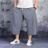 BOLUBAO Summer Men‘s Loose Pants Fat Man Large Size Straight Wide-Leg 7-Point Pants Cotton Linen Solid Color Thin Pants Male