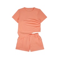 เทา/ส้ม/เบจ/ดำ SLYQ DIJON WAFFLE DRAPED TOP & SHORT SET ชุดเซ็ตเสื้อเบลาส์แขนสั้นจับเดรปข้างกับกางเก