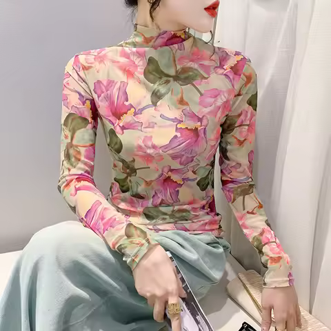 Size S-4XL Spring Autumn High Neck Mesh Long T-shirts Fairy Lady Long Sleeve Printed Floral T Shirt 