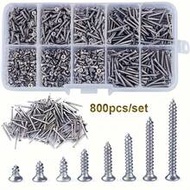 800pcs Self-Tapping Wood Screw Set, M2 Cross Flat Head Thin Plate Screws, Self-Tapping Screw Tool Ki