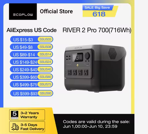 ECOFLOW Portable Power Station RIVER 2 Pro 700, 716Wh LiFePO4 Battery, 4x800W AC Outlets, Solar Gene