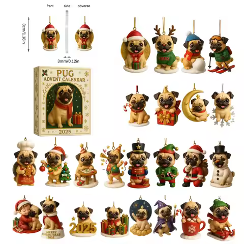 Pug Advent Calendar 2025 Cute 2D Acrylic Pug Animal Ornament Dog Countdown Calendar Includes 24 Gift