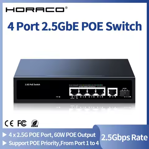 HORACO 2.5G PoE Switch 5 Port 2500Mbps 10G SFP+ Slot 65W IEEE802.3af/at for WiFi 6e AP,VoIP Phone,Su