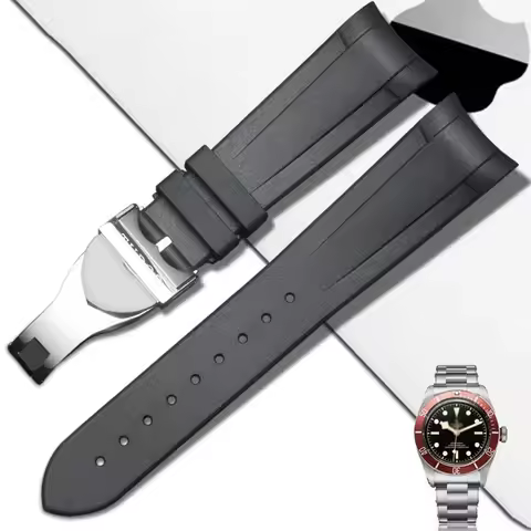 High Quality Curved End Silicone Rubber Watchband 22mm Folding Buckle Black Soft Strap Fit For Tudor