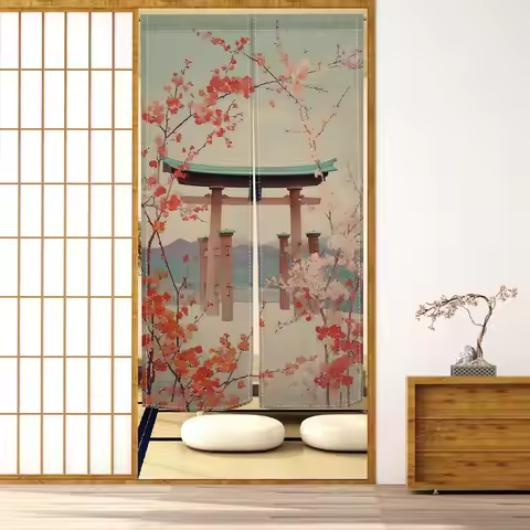 Japanese Torii Gate Noren Curtain, Fushimi Inari Shrine with Cherry Blossom Print,Japanese Door Curt