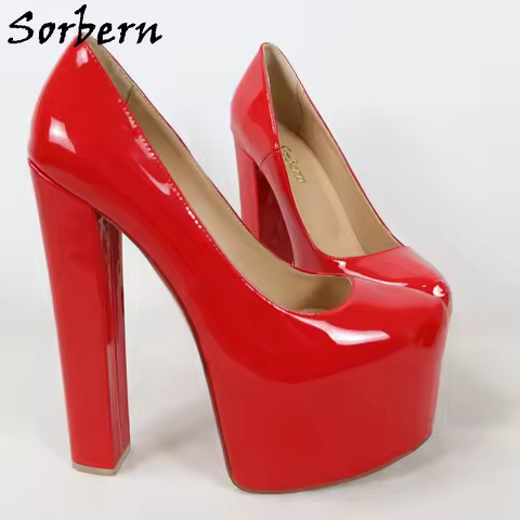 Sorbern 20Cm Red High Heel Platform Shoes Patent Block Heels Slip On Female Shoes Thick Platform Big