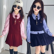 Girls Preppy JK Uniform Set 2026 Spring New Striped Shirt Vest Pleated Skirt for Big Kids