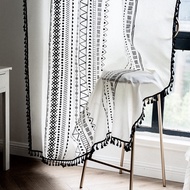 Hot Sale Curtain Ins Ready-Made Curtain Punch-Free Rod Pocket-Type Floating Curtain Printed Black Tassel Short Curtain Partition Curtain American Country Style Half Shade Tassel Curtain