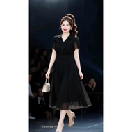 BLACK EVA DRESS, 2-LAYER CHIFFON, SOFT, COOL, LONG SHIRT FORM, ELEGANT, TIGHT WAIST